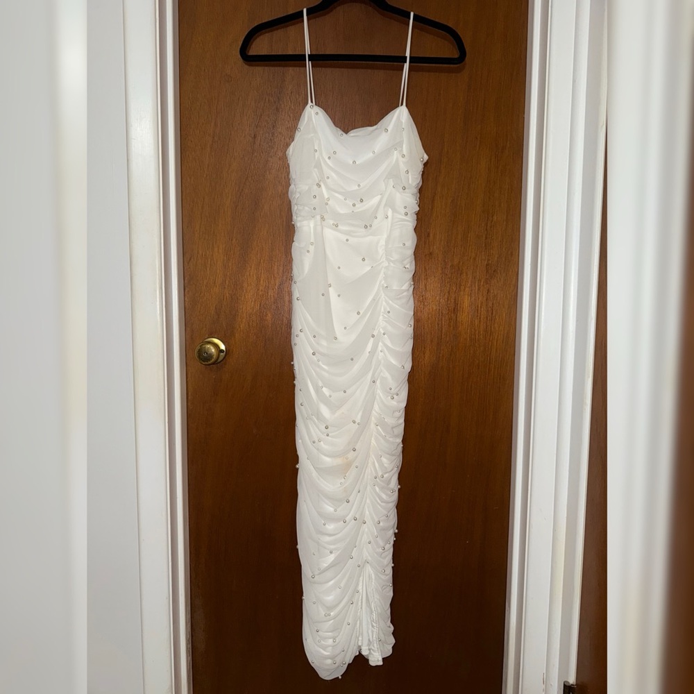 White Ruched Pearl Bodycon Midi Dress - Picture 1 of 5